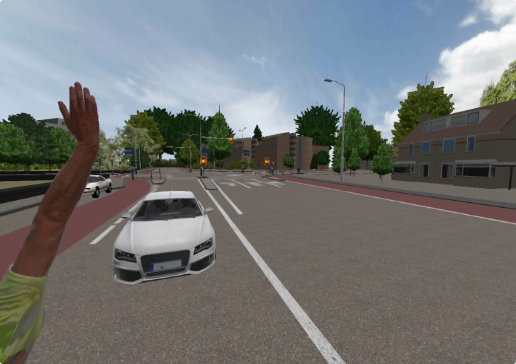 Scene uit de Virtuele Verkeersregelaar waar de gebruiker een stopteken geeft en de wiite auto voor hem stopt